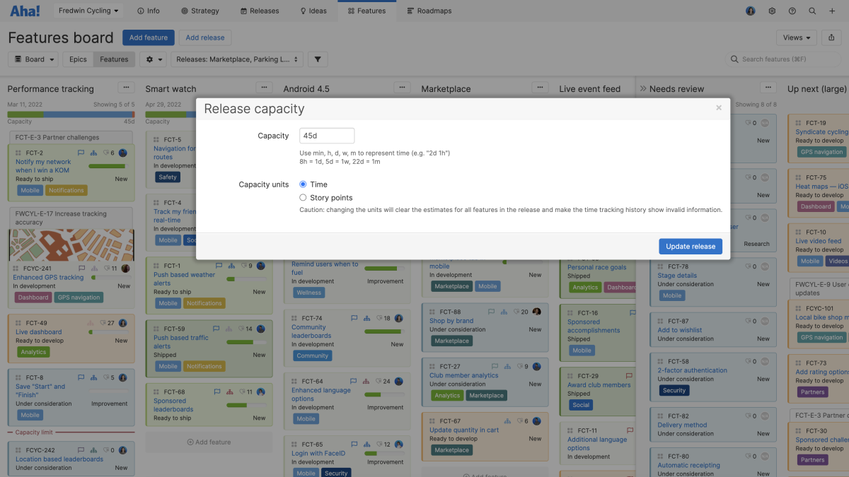 The features board with the release capacity modal in Aha! Roadmaps