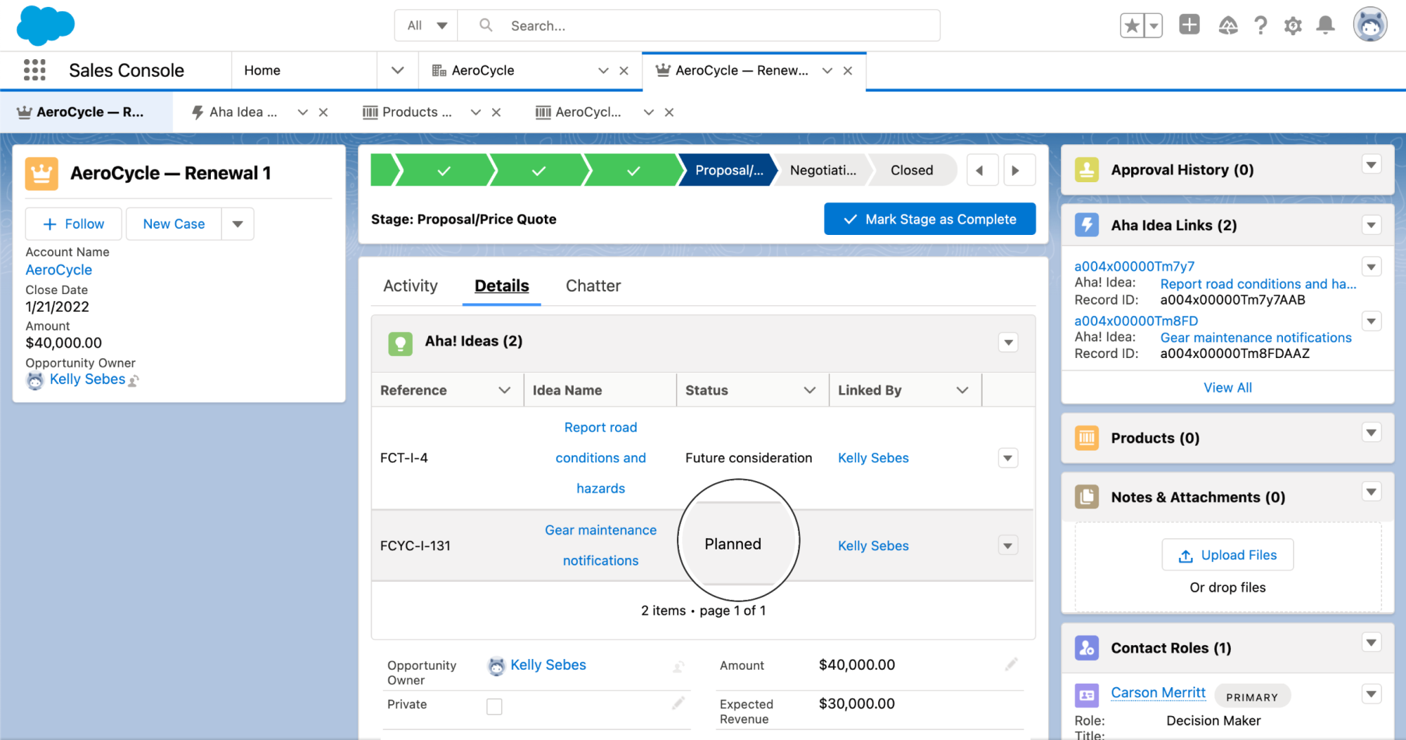 Any updates to the idea status in Aha! will immediately show up in Salesforce, too.