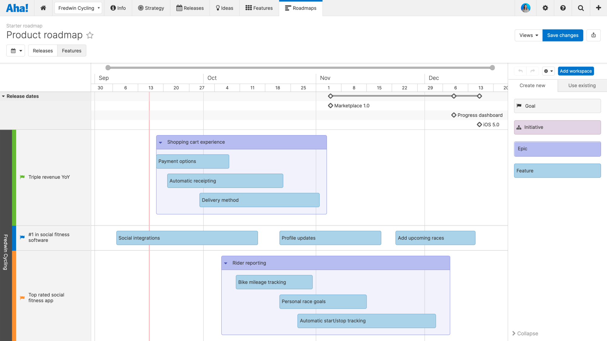An example of a starter roadmap in Aha!